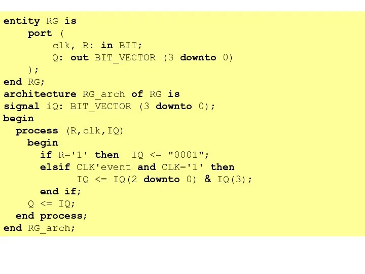 entity RG is port ( clk, R: in BIT; Q: out
