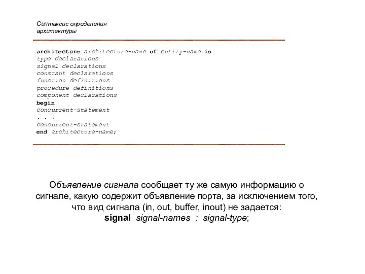 Синтаксис определения архитектуры architecture architecture-name of entity-name is type declarations signal