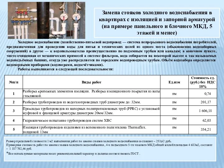 Замена стояков холодного водоснабжения в квартирах с изоляцией и запорной арматурой