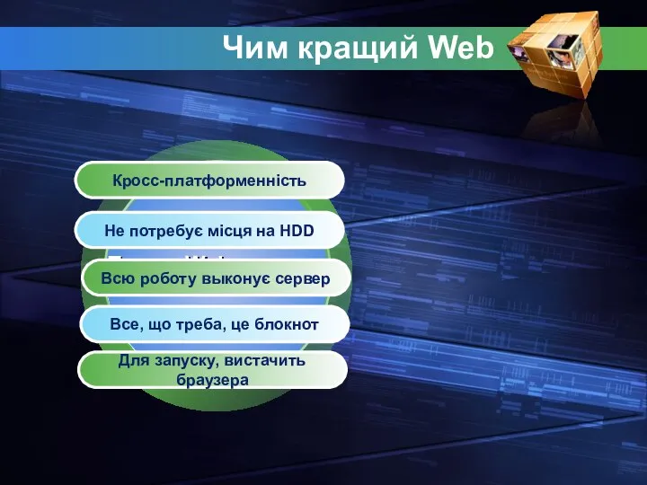 Плюси Web-верстки Чим кращий Web Кросс-платформеннiсть Не потребує місця на HDD