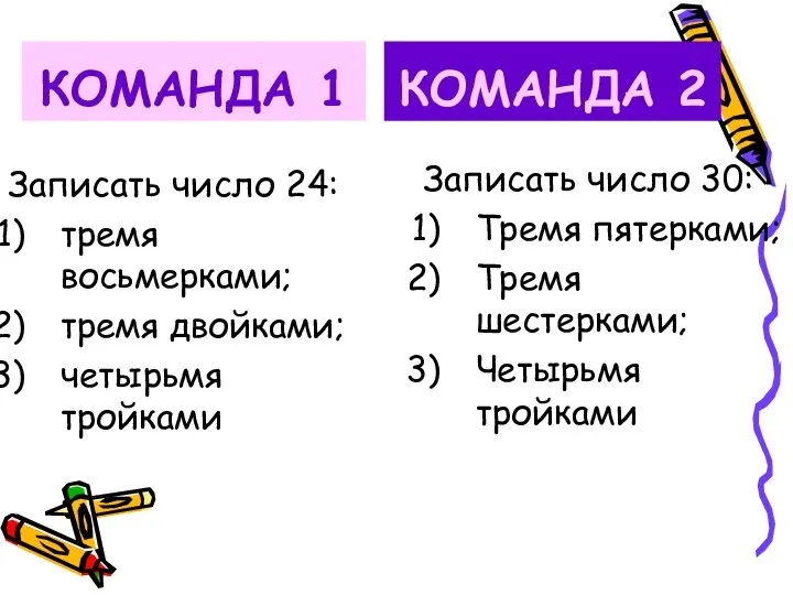 КОМАНДА 1 Записать число 24: тремя восьмерками; тремя двойками; четырьмя тройками