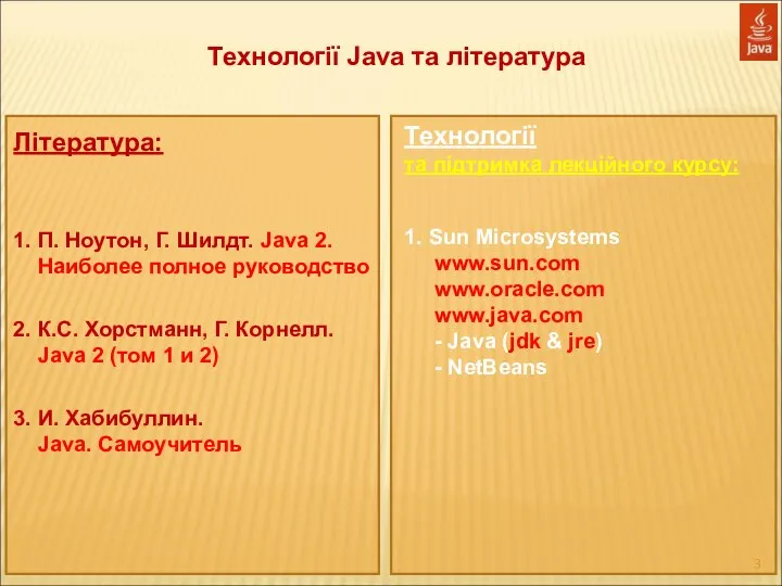 Технології Java та література Література: 1. П. Ноутон, Г. Шилдт. Java