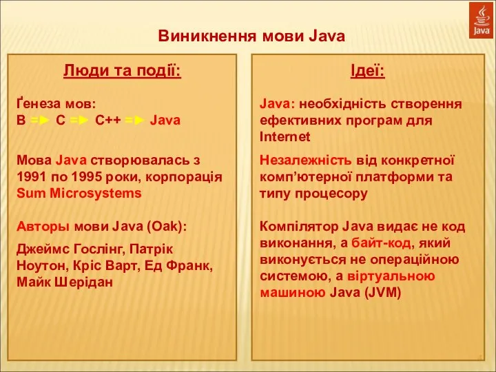 Виникнення мови Java Люди та події: Ґенеза мов: B =► C