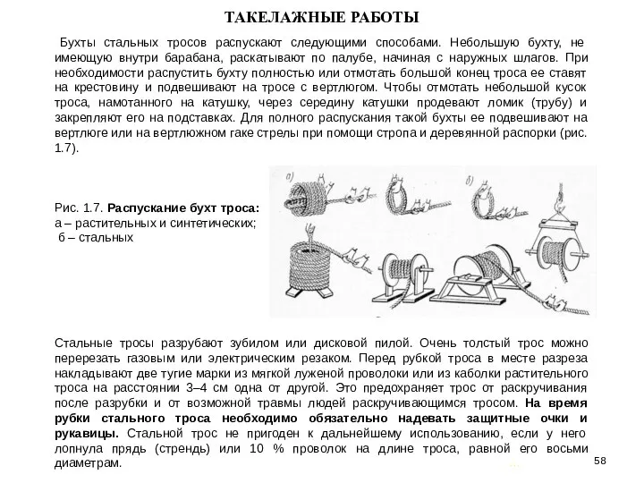 … . ТАКЕЛАЖНЫЕ РАБОТЫ Бухты стальных тросов распускают следующими способами. Небольшую