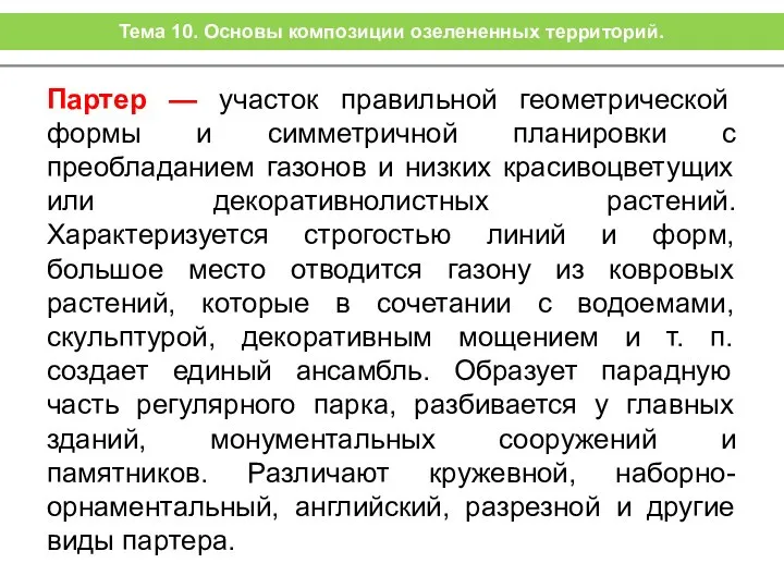 Партер — участок правильной геометрической формы и симметричной планировки с преобладанием