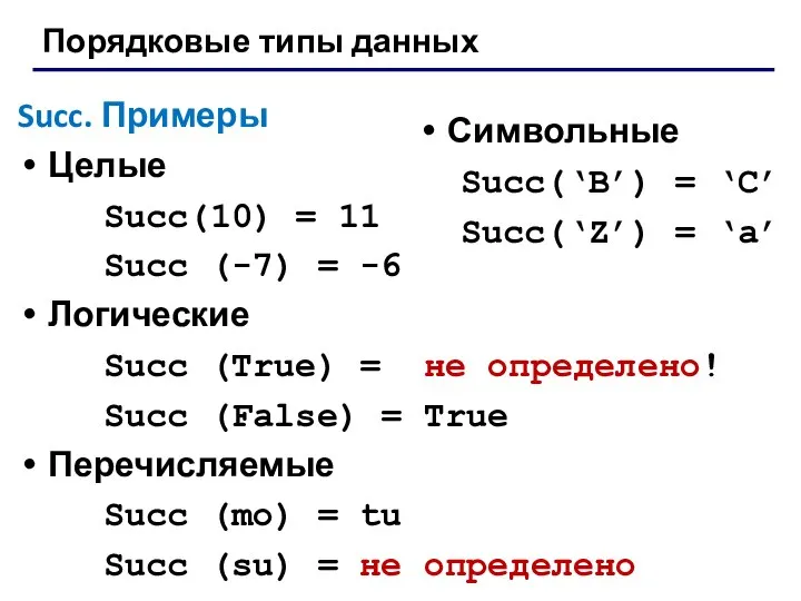 Порядковые типы данных Succ. Примеры Целые Succ(10) = 11 Succ (-7)