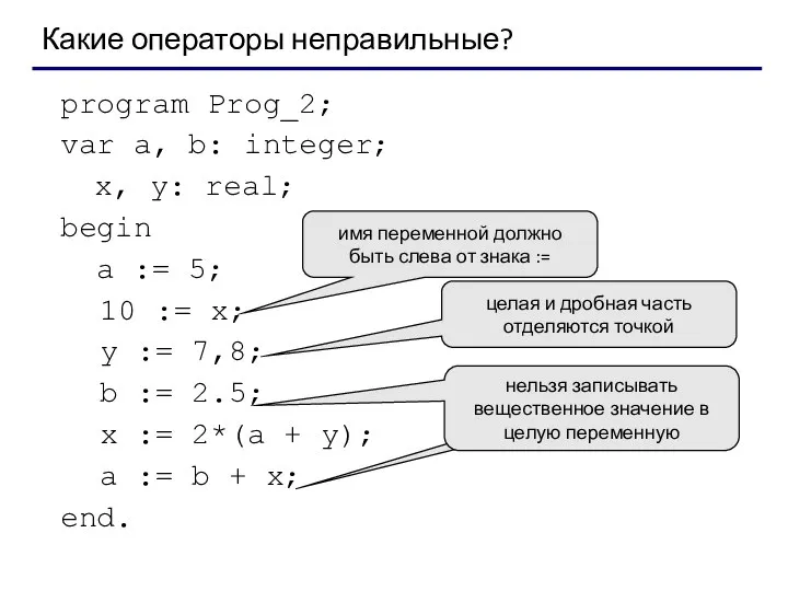 program Prog_2; var a, b: integer; x, y: real; begin a