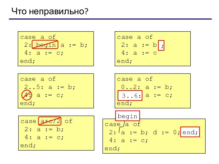 Что неправильно? case a of 2: begin a := b; 4: