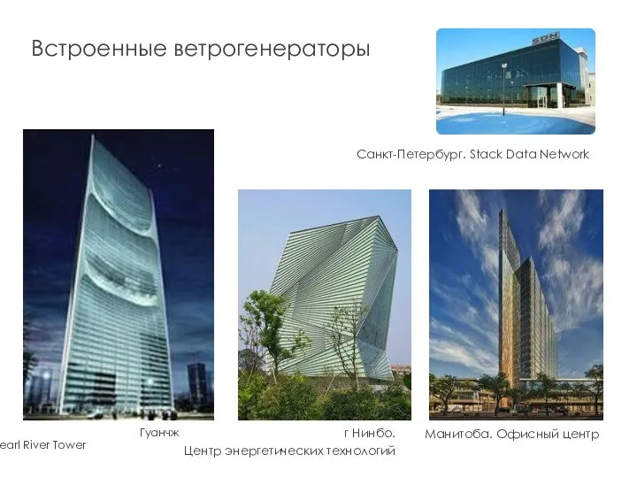 Встроенные ветрогенераторы Гуанчжоу. Pearl River Tower г Нинбо. Центр энергетических технологий