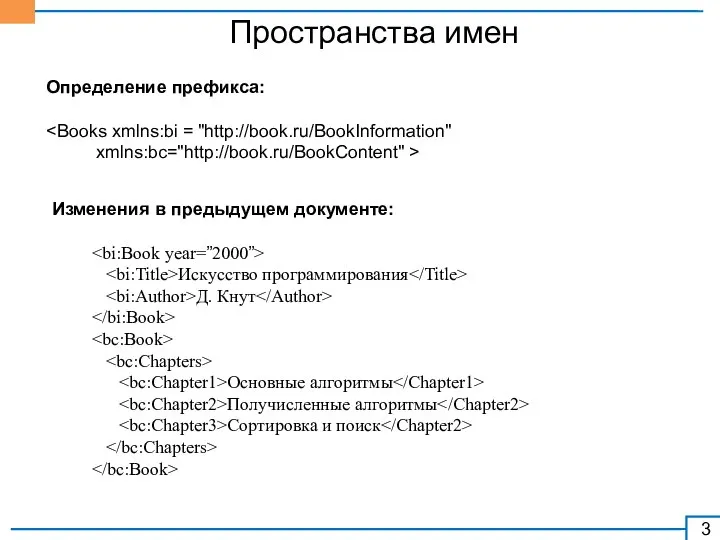 Пространства имен Определение префикса: xmlns:bc="http://book.ru/BookContent" > Изменения в предыдущем документе: Искусство