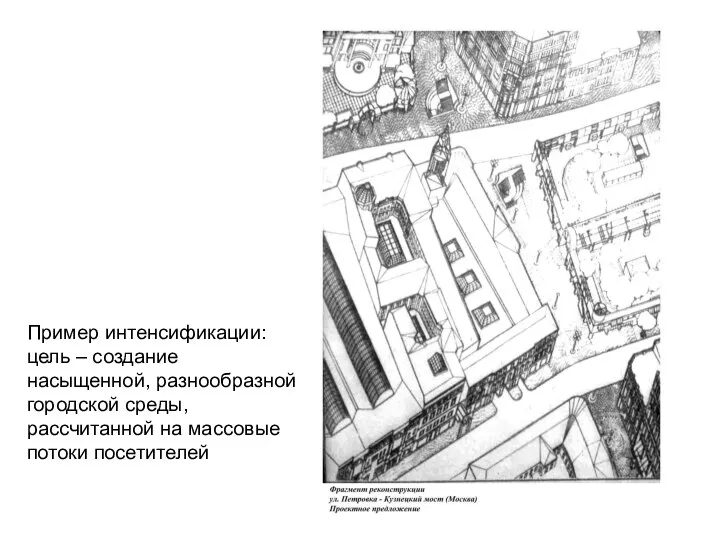 Пример интенсификации: цель – создание насыщенной, разнообразной городской среды, рассчитанной на массовые потоки посетителей