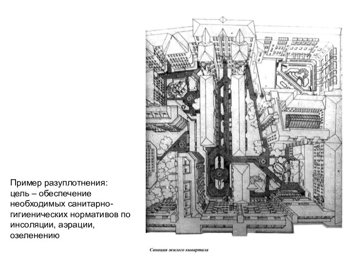 Пример разуплотнения: цель – обеспечение необходимых санитарно-гигиенических нормативов по инсоляции, аэрации, озеленению