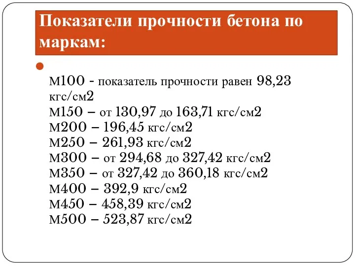 Показатели прочности бетона по маркам: М100 - показатель прочности равен 98,23