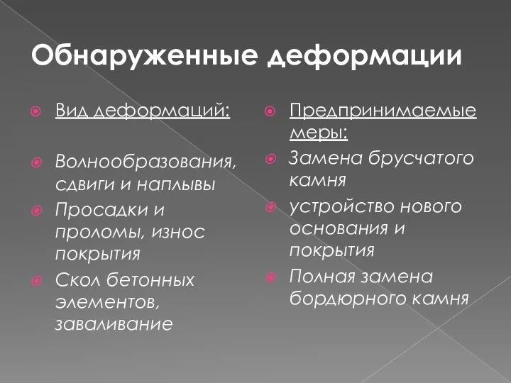 Обнаруженные деформации Вид деформаций: Волнообразования, сдвиги и наплывы Просадки и проломы,