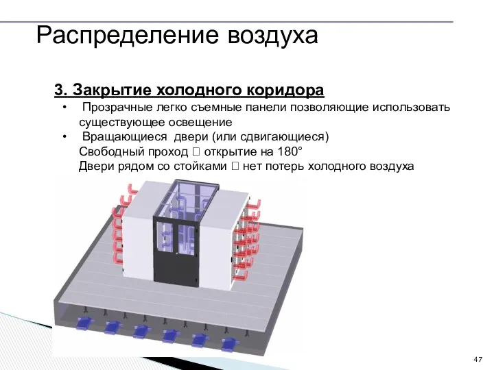 Распределение воздуха 3. Закрытие холодного коридора Прозрачные легко съемные панели позволяющие