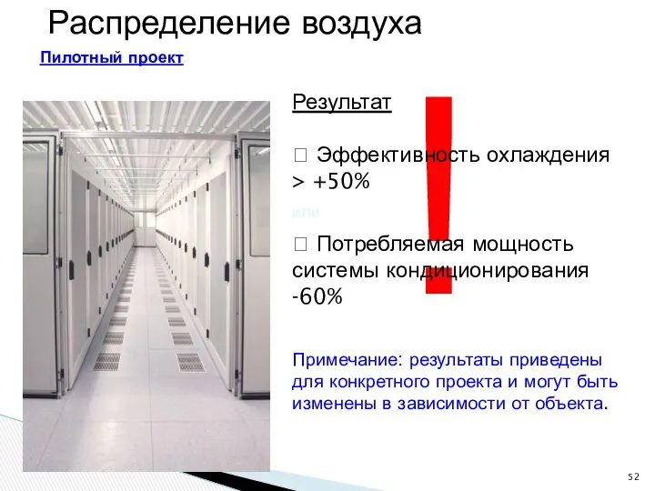 Распределение воздуха Пилотный проект ! Результат ? Эффективность охлаждения > +50%