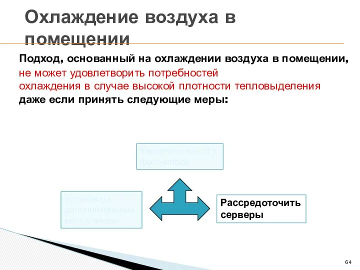 Охлаждение воздуха в помещении Увеличить высоту фальшпола Рассредоточить серверы Установить дополнительные