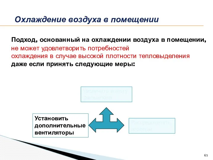 Увеличить высоту фальшпола Рассредоточить серверы Установить дополнительные вентиляторы Охлаждение воздуха в