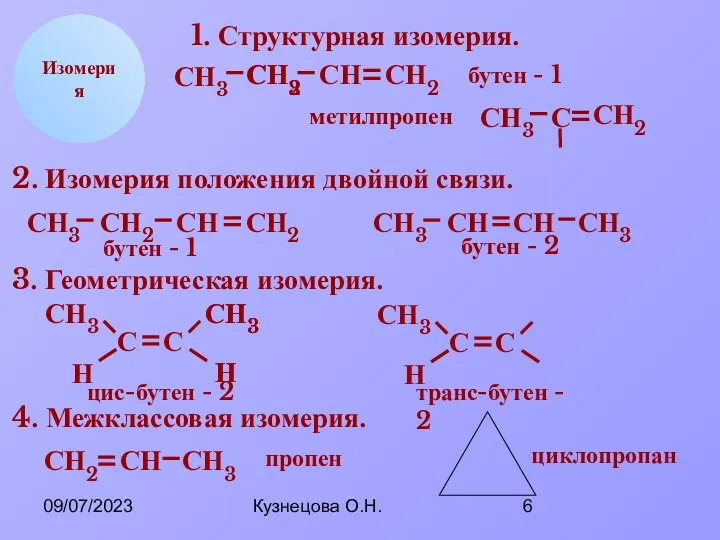 09/07/2023 Кузнецова О.Н. СН2 СН СН3 Н Изомерия 1. Структурная изомерия.