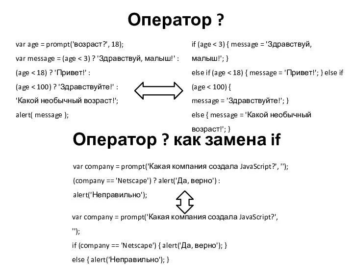 Оператор ? как замена if var age = prompt('возраст?', 18); var