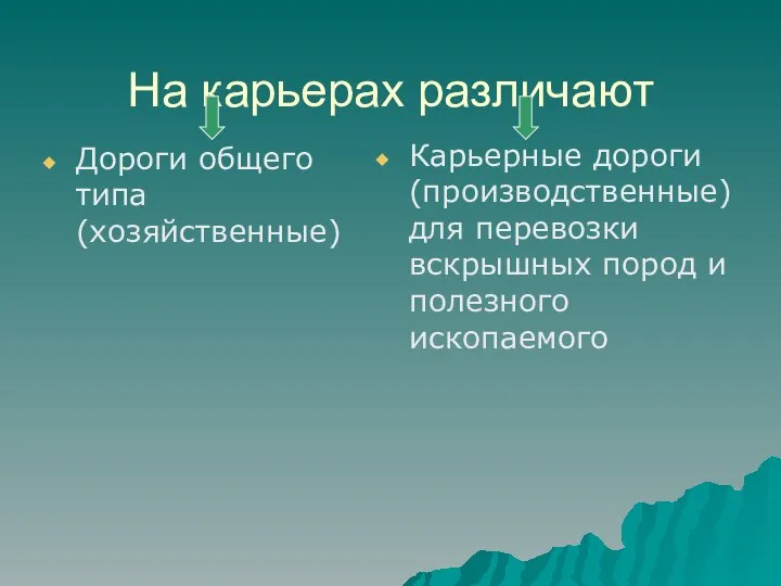 На карьерах различают Дороги общего типа (хозяйственные) Карьерные дороги (производственные) для