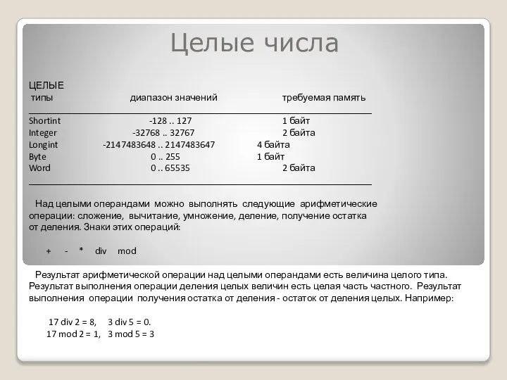 Целые числа ЦЕЛЫЕ типы диапазон значений требуемая память ______________________________________________________________________ Shortint -128