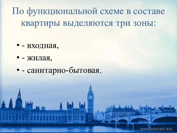 По функциональной схеме в составе квартиры выделяются три зоны: - входная, - жилая, - санитарно-бытовая.