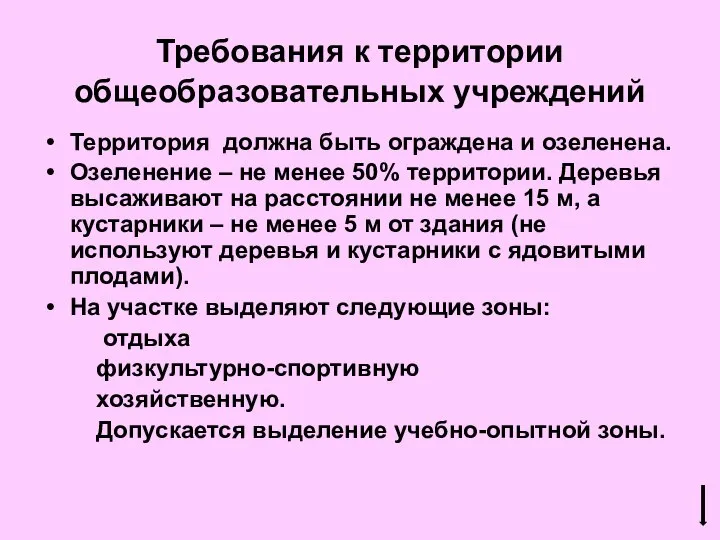 Требования к территории общеобразовательных учреждений Территория должна быть ограждена и озеленена.