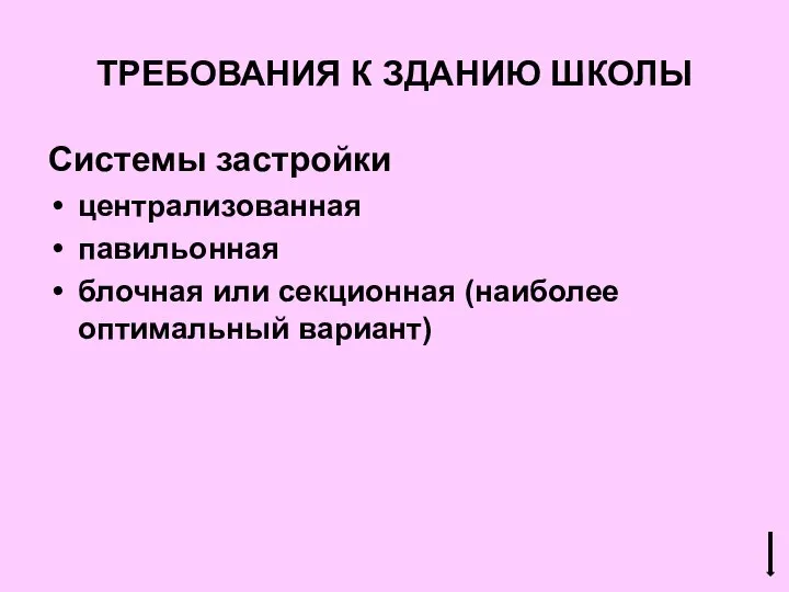 ТРЕБОВАНИЯ К ЗДАНИЮ ШКОЛЫ Системы застройки централизованная павильонная блочная или секционная (наиболее оптимальный вариант)