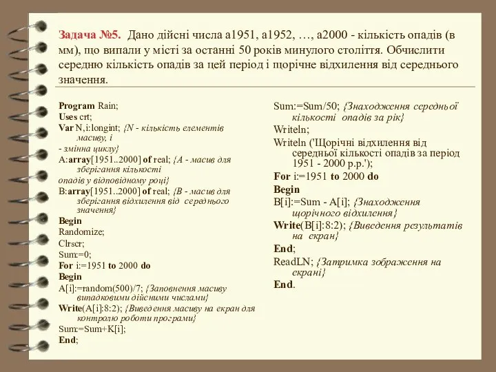 Задача №5. Дано дійсні числа a1951, a1952, …, a2000 - кількість