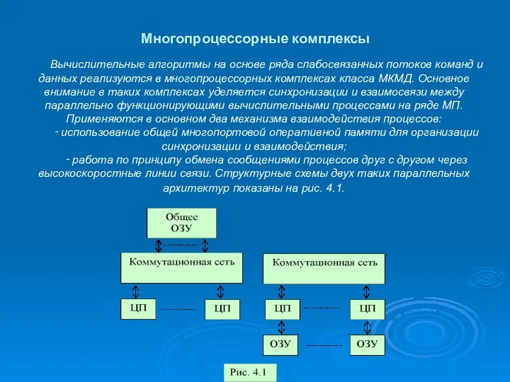 Многопроцессорные комплексы Вычислительные алгоритмы на основе ряда слабосвязанных потоков команд и