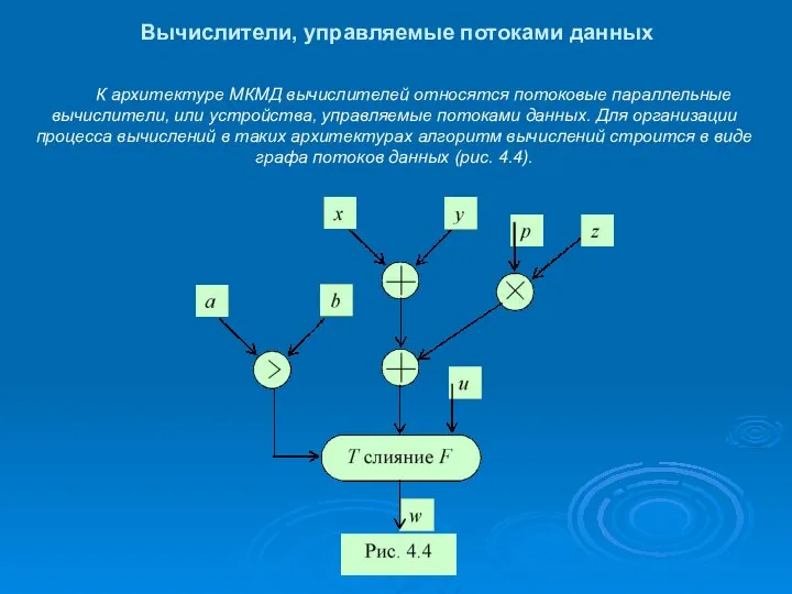 Вычислители, управляемые потоками данных К архитектуре МКМД вычислителей относятся потоковые параллельные