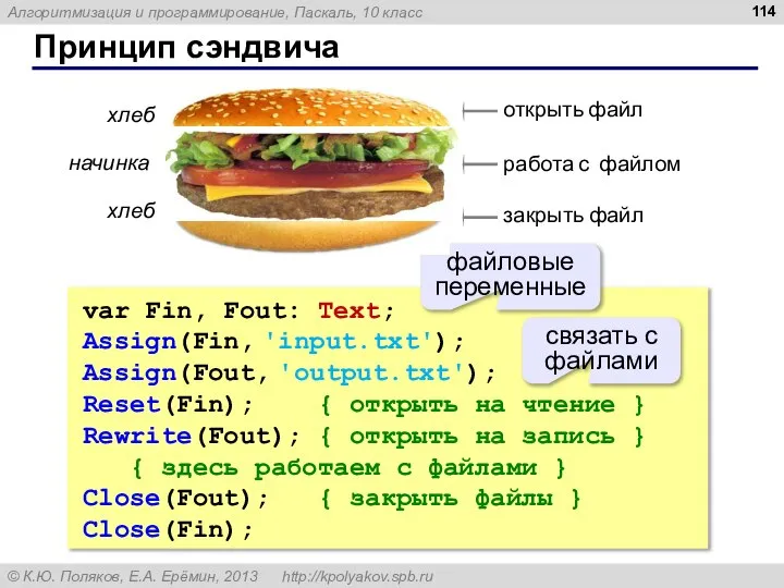 Принцип сэндвича var Fin, Fout: Text; Assign(Fin, 'input.txt'); Assign(Fout, 'output.txt'); Reset(Fin);