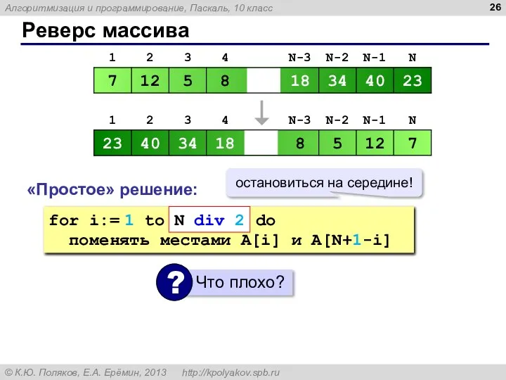 Реверс массива «Простое» решение: for i:= 1 to N do поменять