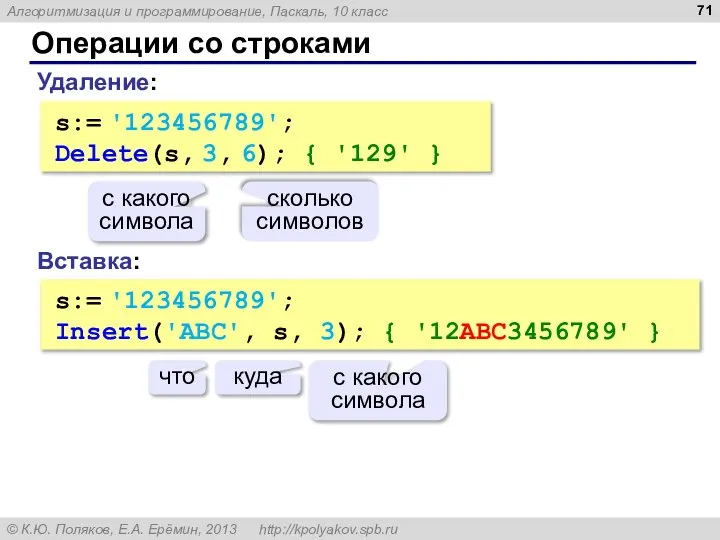 Операции со строками Вставка: s:= '123456789'; Insert('ABC', s, 3); { '12ABC3456789'