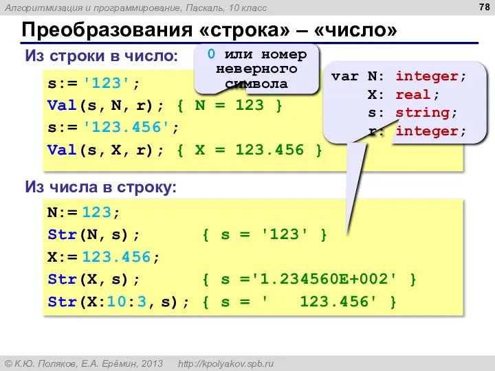 Преобразования «строка» – «число» Из строки в число: s:= '123'; Val(s,