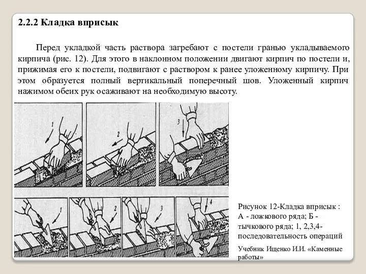 2.2.2 Кладка вприсык Перед укладкой часть раствора загребают с постели гранью