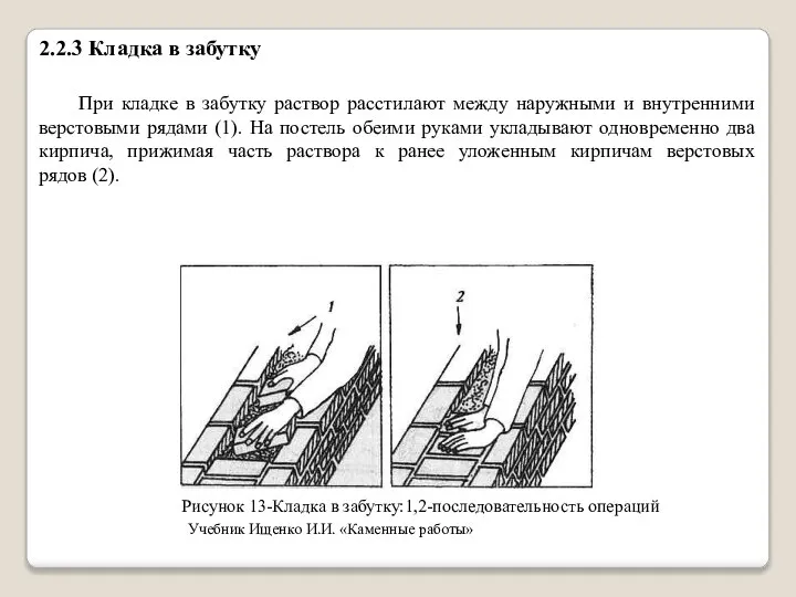 2.2.3 Кладка в забутку При кладке в забутку раствор расстилают между