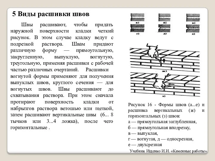 5 Виды расшивки швов Швы расшивают, чтобы придать наружной поверхности кладки