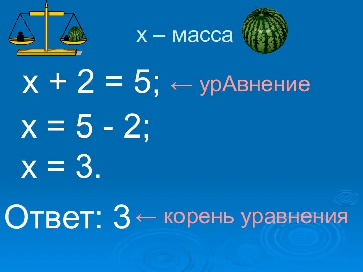 х – масса х + 2 = 5; ← урАвнение х