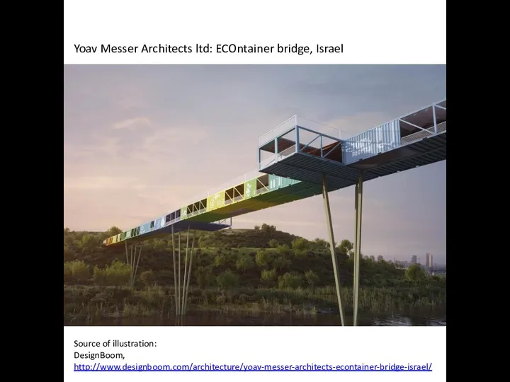 Source of illustration: DesignBoom, http://www.designboom.com/architecture/yoav-messer-architects-econtainer-bridge-israel/ Yoav Messer Architects ltd: ECOntainer bridge, Israel