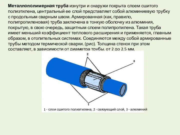 Металлополимерная труба изнутри и снаружи покрыта слоем сшитого полиэтилена, центральный ее