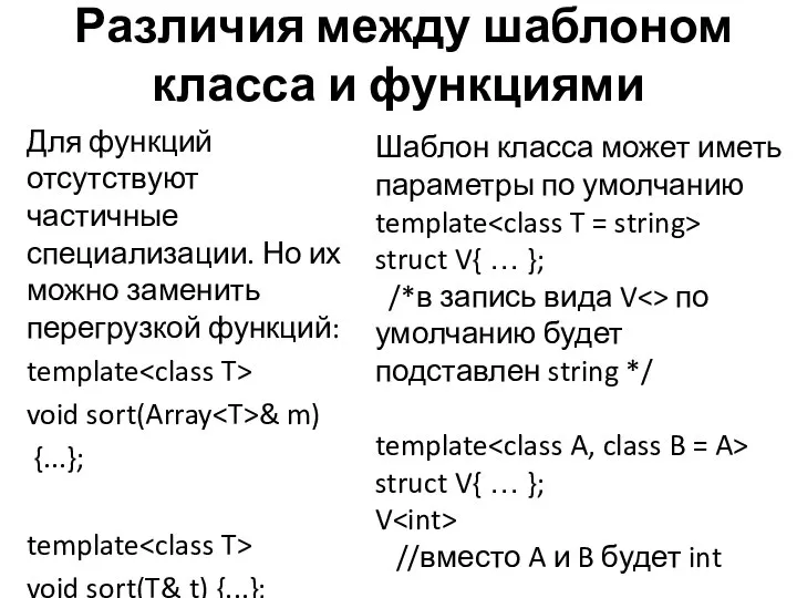 Различия между шаблоном класса и функциями Для функций отсутствуют частичные специализации.