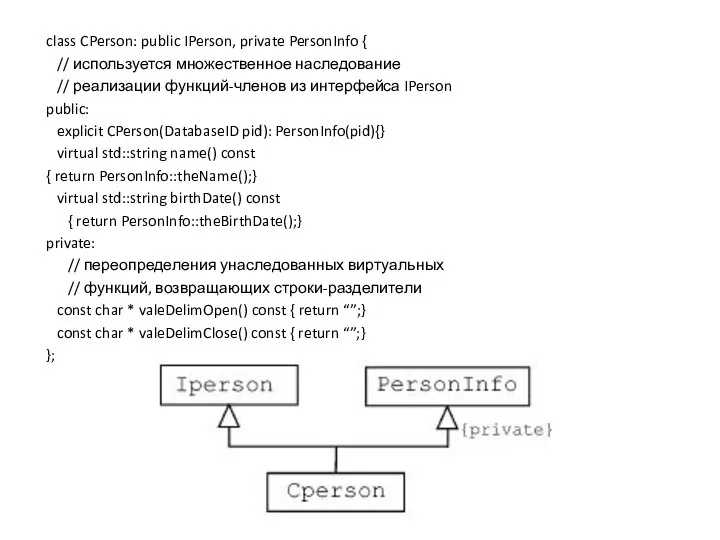 class CPerson: public IPerson, private PersonInfo { // используется множественное наследование