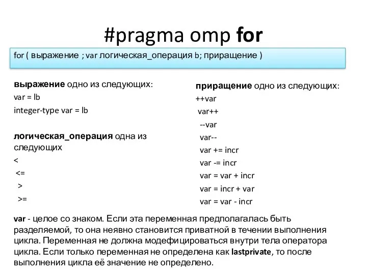 #pragma omp for выражение одно из следующих: var = lb integer-type