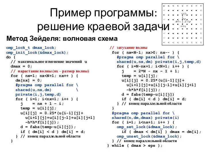 Пример программы: решение краевой задачи omp_lock_t dmax_lock; omp_init_lock(&dmax_lock); do { //