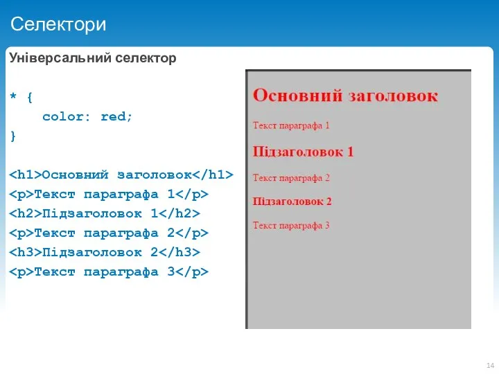 Селектори Універсальний селектор * { color: red; } Основний заголовок Текст