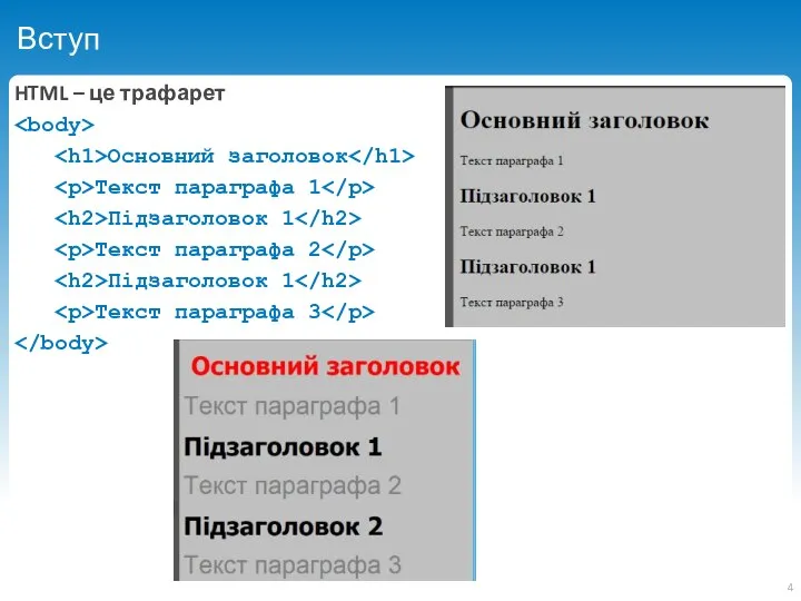 Вступ HTML – це трафарет Основний заголовок Текст параграфа 1 Підзаголовок