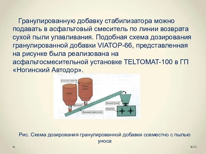 Гранулированную добавку стабилизатора можно подавать в асфальтовый смеситель по линии возврата