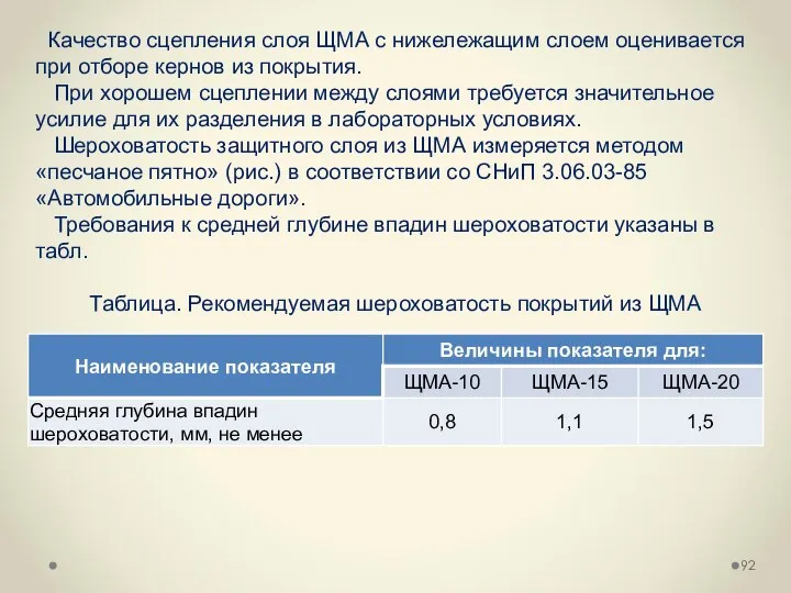 Качество сцепления слоя ЩМА с нижележащим слоем оценивается при отборе кернов